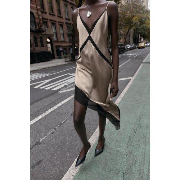 ZARA ASYMMETRIC SATIN EFFECT MIDI DRESS - Picture 5 of 9